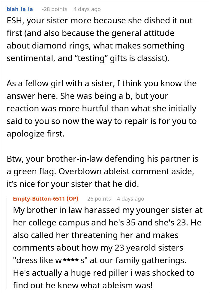 Reddit comments discussing family conflict and attitudes towards gifts and apologies. Reddit comments discussing family conflict and attitudes towards gifts and apologies.