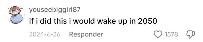 Comment on sleepmaxxing trend humorously suggesting waking up in 2050.