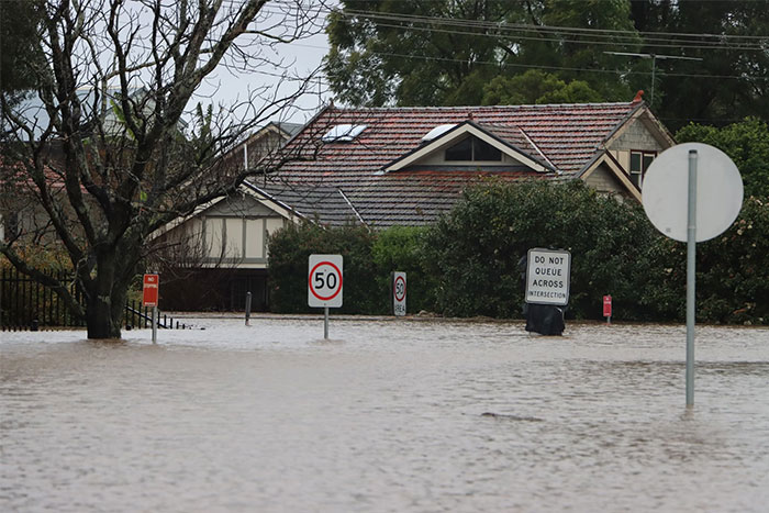 Flooded residential street with traffic signs partially submerged, showing examples of random things that saved people later.