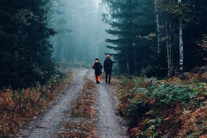 Two people walking on a forest trail, captured in a timestamped picture showing nature and outdoor adventure.