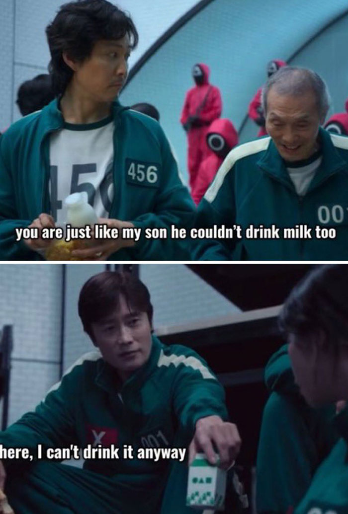 Scene from Squid Game showing characters in green tracksuits, with dialogue about milk and possible clues.