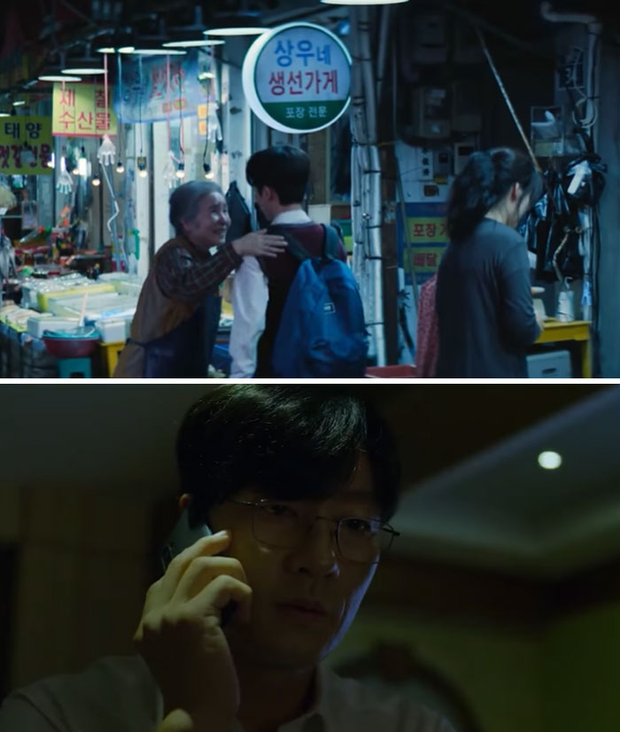 Market scene and a man on the phone, highlighting Squid Game 2 Easter eggs.