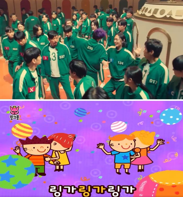 Characters in green tracksuits and animated children hint at Squid Game 2 Easter eggs and clues.