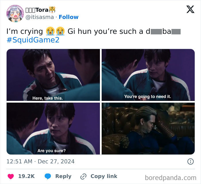 Characters in matching tracksuits exchanging serious dialogue; humorous Squid-Game-2-Memes comment added above.