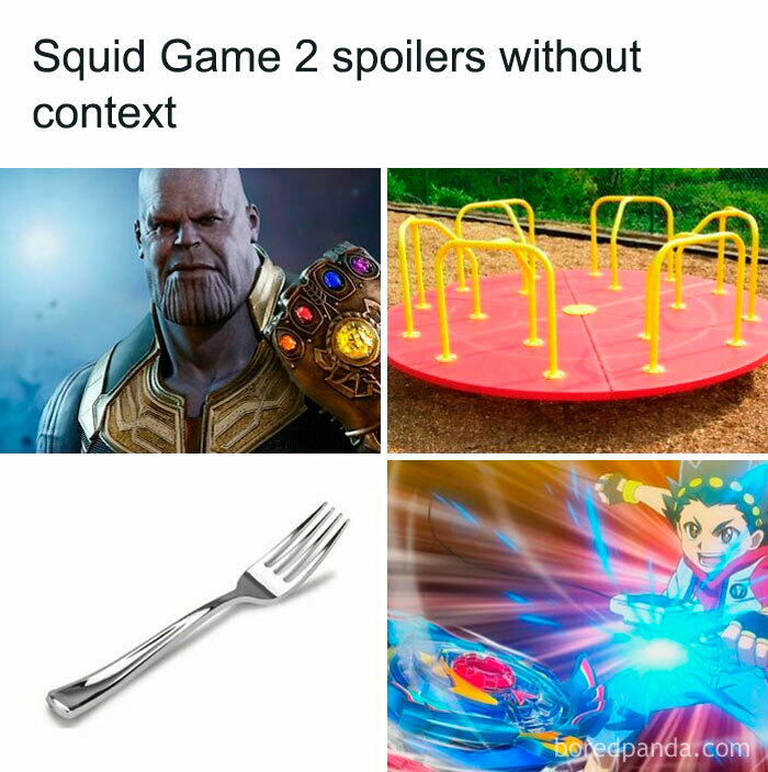 Collage of Squid Game 2 memes featuring Thanos, a playground roundabout, a fork, and an anime character with spinning toy.