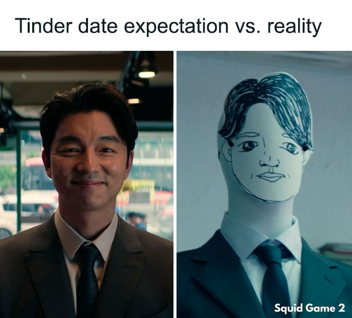 Tinder date expectation vs reality meme with Squid Game character comparison.