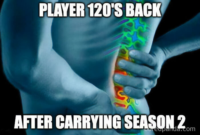 Meme about a player's back pain, humorously referencing carrying Season 2 of Squid Game.