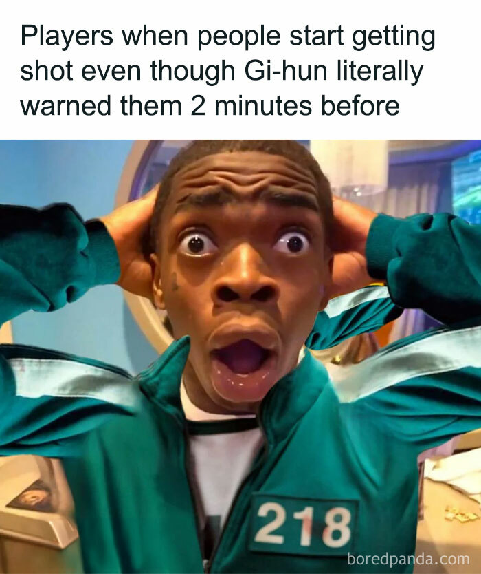 Shocked player meme inspired by Squid Game 2, wearing a green tracksuit with hands on head in disbelief.