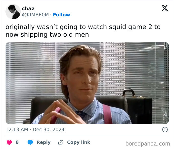 Man sitting in an office, hands clasped, with a humorous caption about watching Squid Game 2.