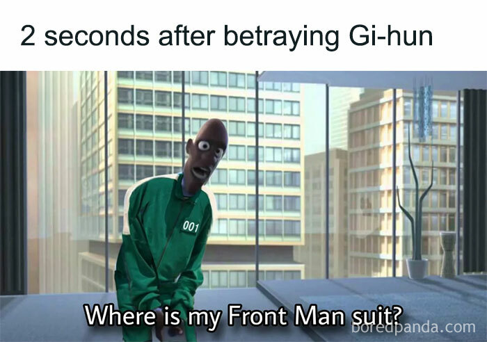 A Squid Game 2 meme showing a character in a green tracksuit asking about a Front Man suit.