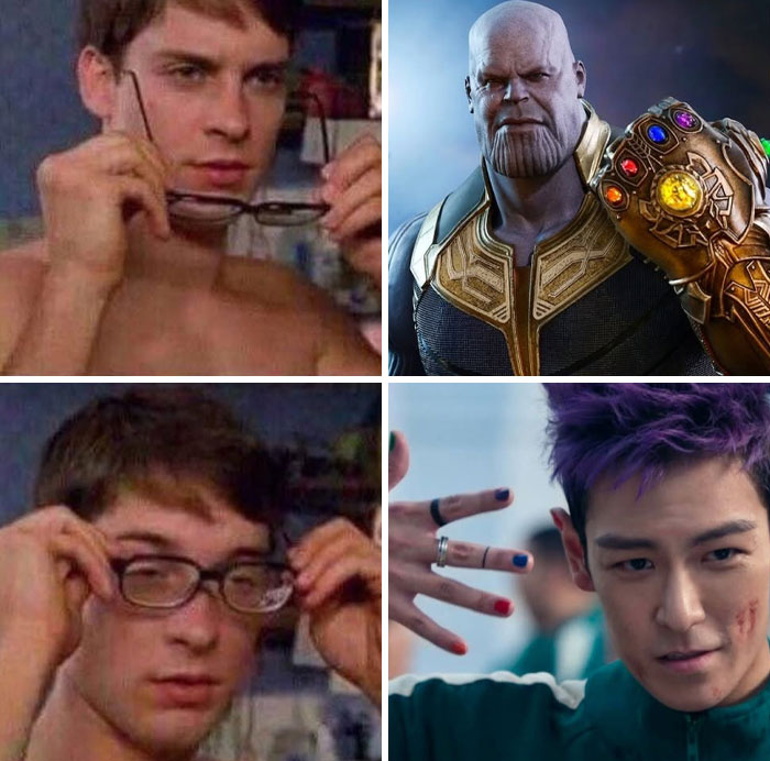 "Squid Game 2 memes with pop culture references, featuring glasses meme and famous characters."