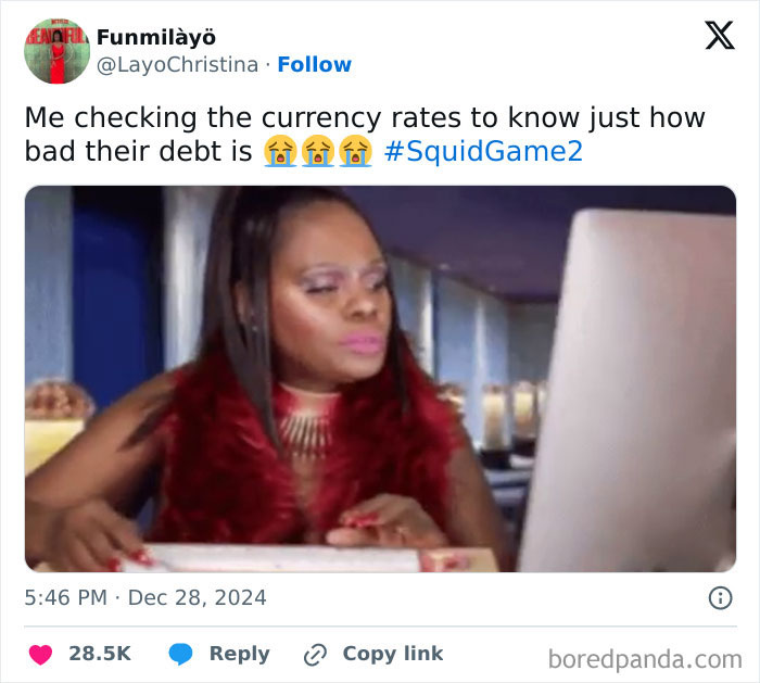 Woman reacting to currency rates on a computer with Squid-Game-2-Memes text overlay.
