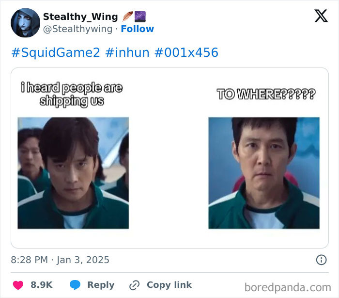 "Squid Game 2 meme featuring two characters discussing being shipped with puzzled expressions."