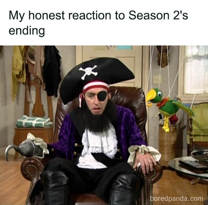 Pirate character reacting humorously to Squid Game 2's ending in a meme.