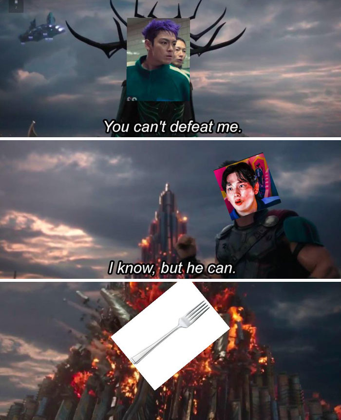 Meme from Squid Game 2 featuring characters with humorous captions and a giant fork.