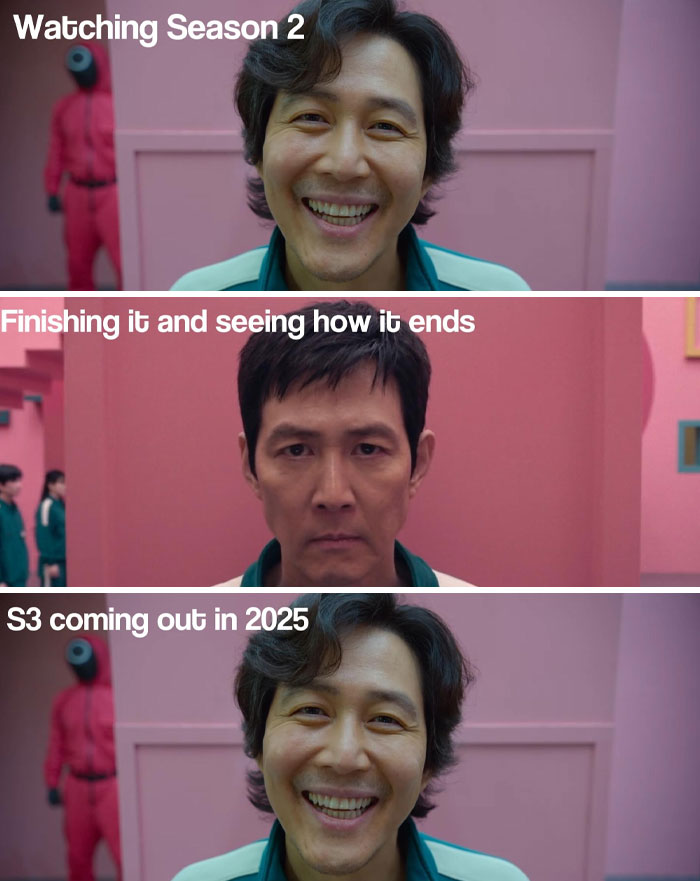 Split image from "Squid Game" showing different facial expressions for season 2 and season 3 announcements.