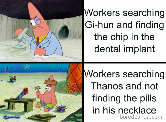 Patrick Star investigating in a Squid Game 2 meme with funny text contrast.