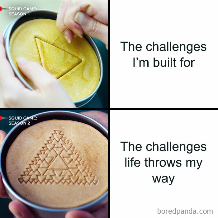 Squid Game 2 meme comparing simple and complex honeycomb challenges.