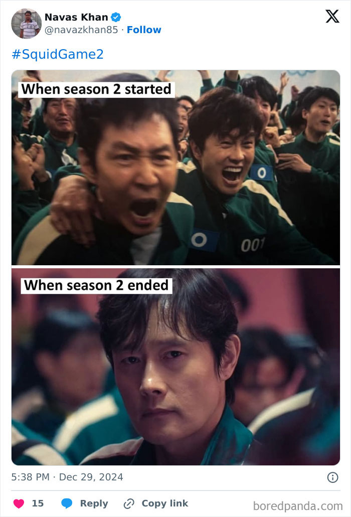 Two scenes from Squid Game 2: excited start and serious end, capturing contrasting emotions.