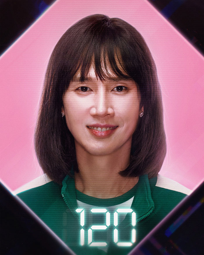 "Squid Game actor with short hair, wearing a green tracksuit, number 120 displayed. "Squid Game actor with short hair, wearing a green tracksuit, number 120 displayed.