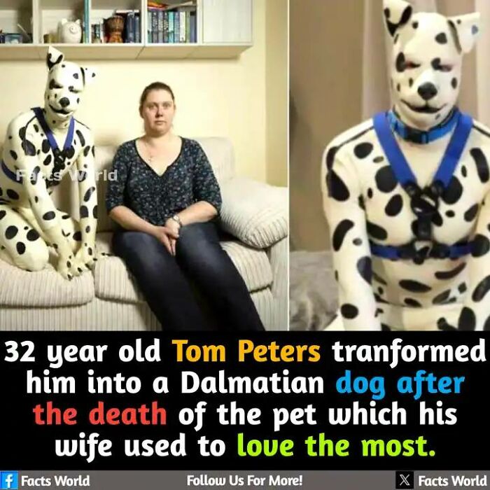 Person sitting with someone in a Dalmatian costume, illustrating fascinating facts about unique personal transformations.
