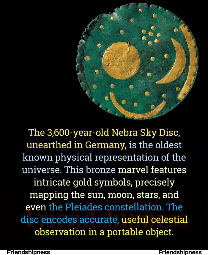 Nebra Sky Disc, Germany: bronze with gold symbols mapping sun, moon, stars, a fascinating fact about celestial history.