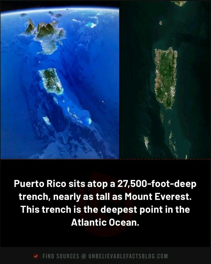 Image of the Atlantic Ocean showing Puerto Rico atop a deep ocean trench, highlighting a fascinating geographical fact.