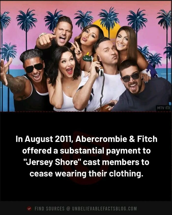 "Jersey Shore cast posing in front of colorful background, related to random fascinating fact about Abercrombie & Fitch payout."