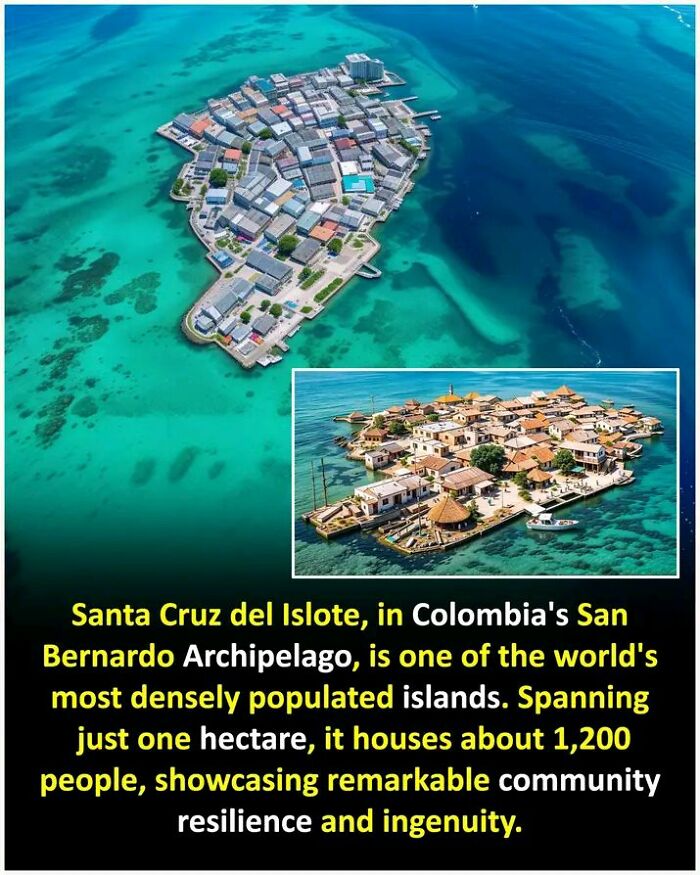 Aerial view of Santa Cruz del Islote, depicting densely populated buildings on a small island, illustrating fascinating facts.