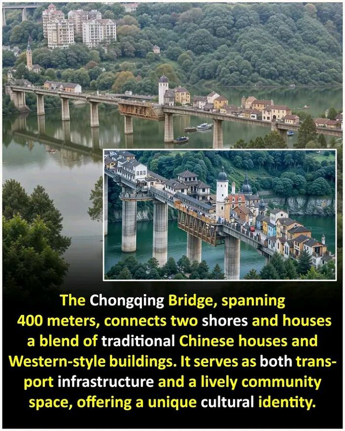 Chongqing Bridge spans a river, featuring traditional and Western-style buildings, representing fascinating cultural blend.