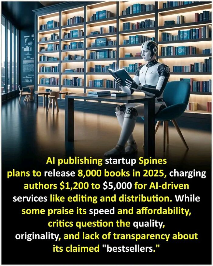 Robot reading a book in a modern library, highlighting fascinating facts about AI publishing trends.