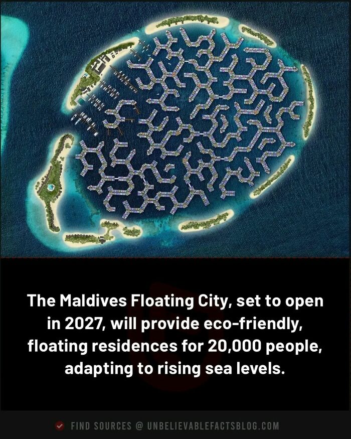 Aerial view of a futuristic Maldives floating city, an eco-friendly design amid turquoise waters, part of fascinating facts.