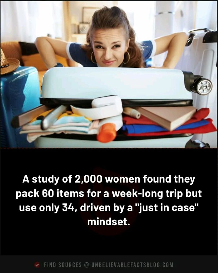 Woman struggling to close an overstuffed suitcase, illustrating a fascinating packing fact.