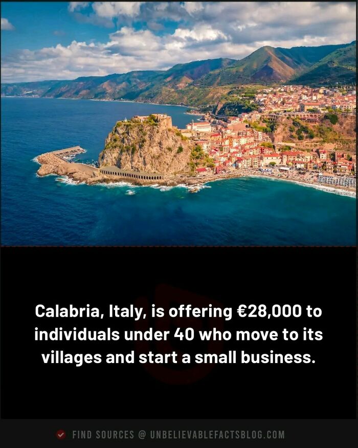 Aerial view of Calabria, Italy coastline, highlighting a fascinating fact about financial incentives for new residents.