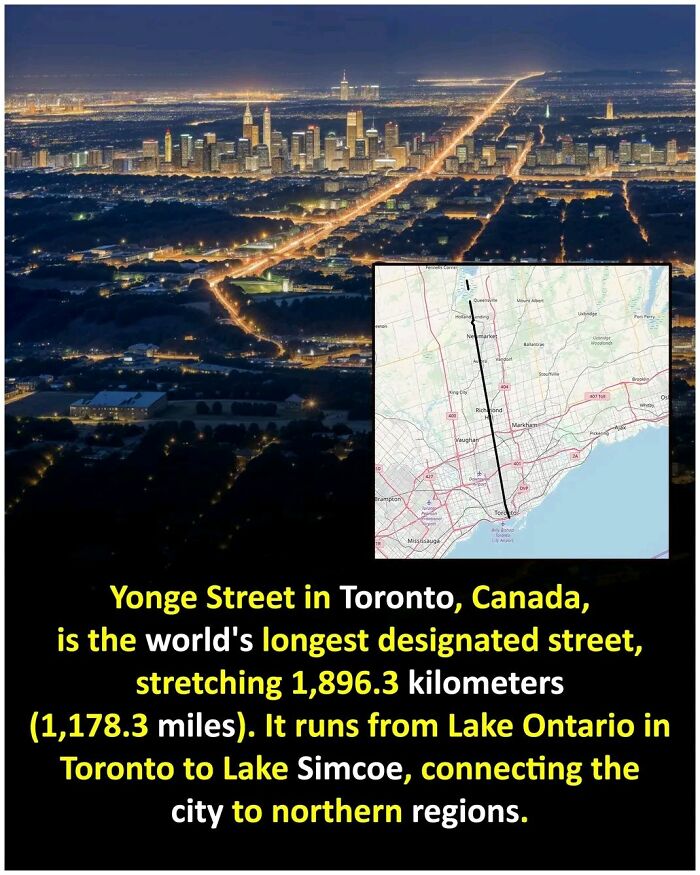 Yonge Street aerial view at night with an inset map, showcasing its lengthy stretch through Toronto, Canada.