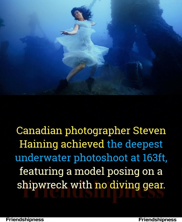 Underwater photoshoot at 163ft, model in white dress on shipwreck, no diving gear. Fascinating facts highlight.