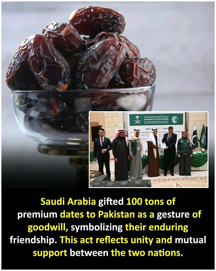Bowl of dates with officials from Saudi Arabia and Pakistan exchanging gifts, symbolizing friendship and goodwill.