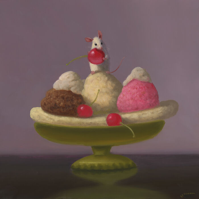 Mouse with a cherry on a banana split, surrounded by ice cream scoops, showcasing adorable shenanigans.