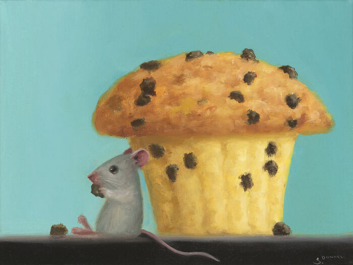 Painting of a mouse eating crumbs beside a giant chocolate chip muffin.