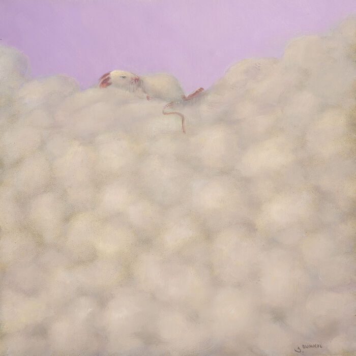 Painting of a playful mouse peeking through fluffy clouds with a pastel purple sky background.