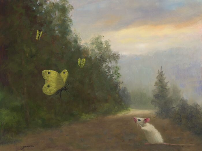 Mouse in a forest observing butterflies, painted with charming and whimsical details.