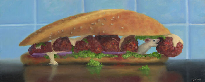 Painting of a mouse inside a sandwich among meatballs, showcasing adorable shenanigans.