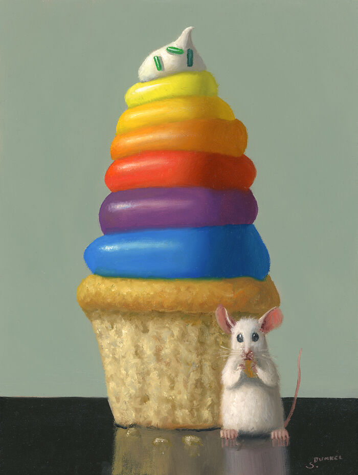 A mouse stands by a rainbow-colored cupcake in a whimsical painting, adding a touch of adorable mischief.
