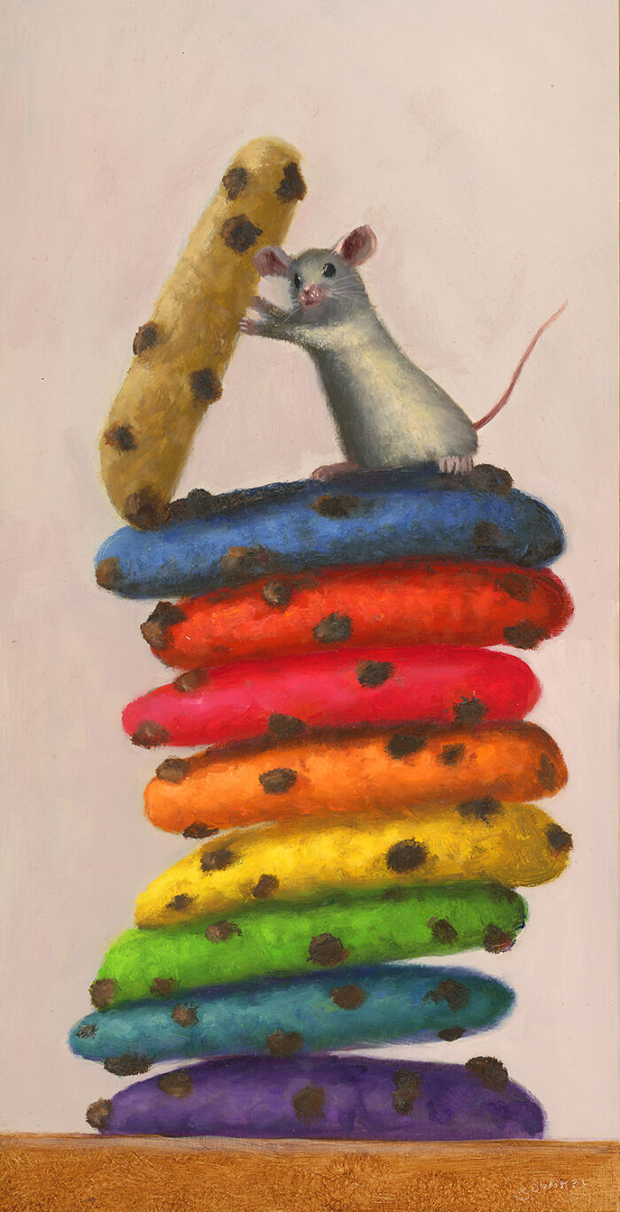 A painting of a mouse balancing on a colorful stack of polka-dotted cushions.