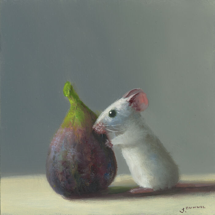 Painting of a mouse curiously sniffing a fig, showcasing adorable shenanigans in art.