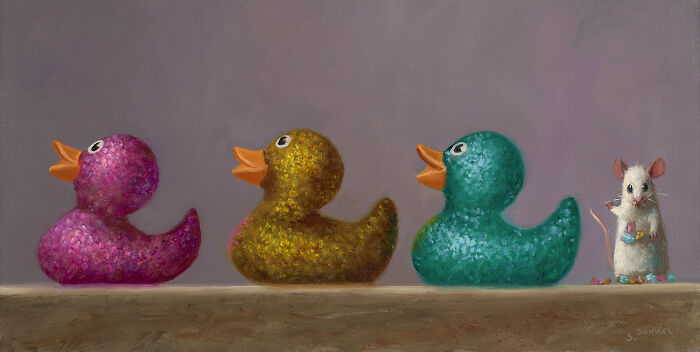 A whimsical painting of a mouse with three colorful rubber ducks.