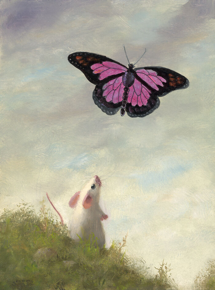 Mouse watching a colorful butterfly in a whimsical painting.