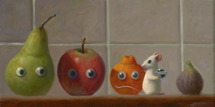 Mouse painting with googly-eyed fruit, creating adorable shenanigans on a shelf.