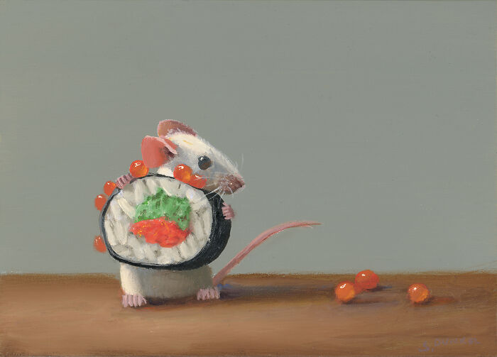 A painting of a mouse holding a sushi roll with scattered orange beads on a table.