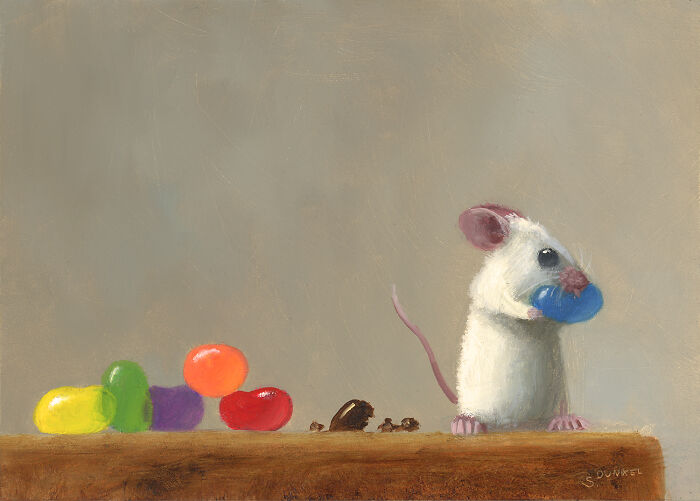 Painting of a mouse with a blue candy, surrounded by colorful candies, displaying charming shenanigans.